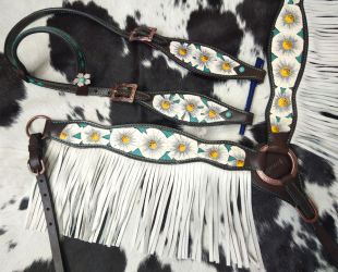 Showman White poppy painted flower with teal inlay one ear headstall and breast collar set with fringe #2
